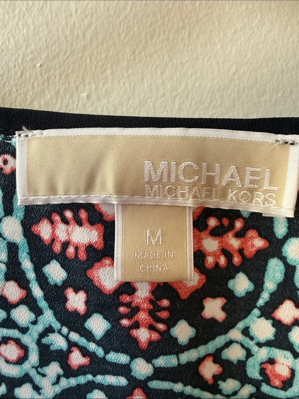 Michael Kors Black Short Sleeve Top with Pink & Aqua Medallion Print